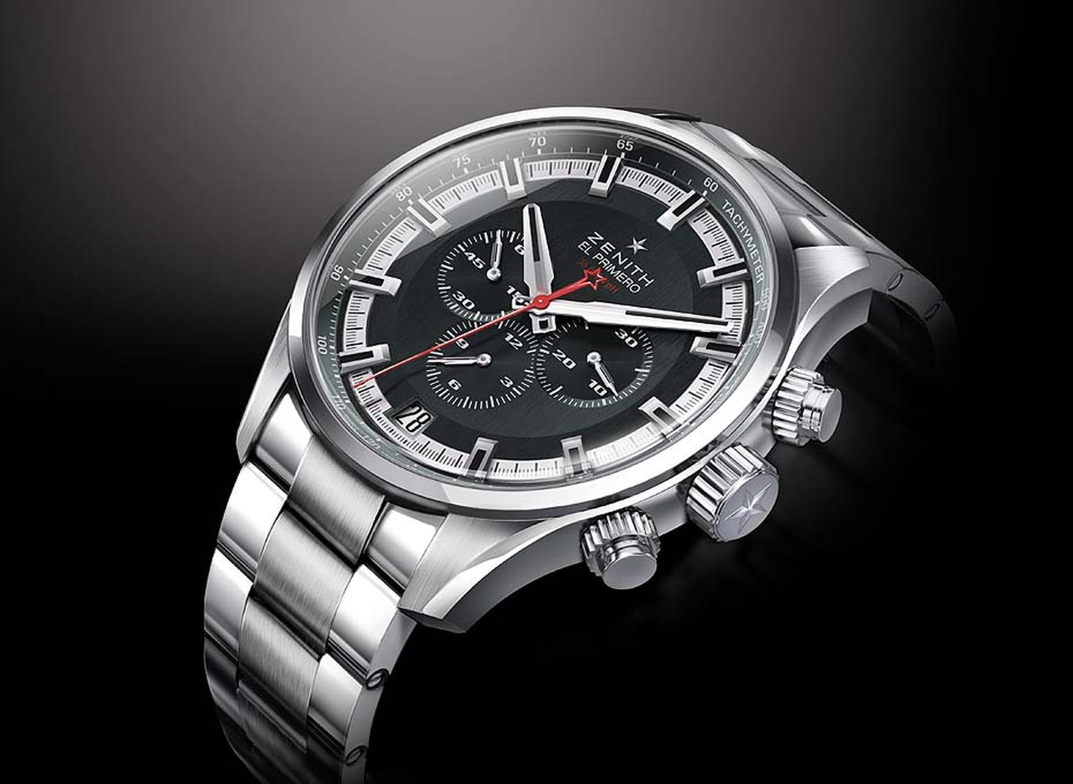 Zenith El Primero Sport men's watch beats to the El Primero 400 B calibre at a rate of 36,000 vibrations per hour, guaranteeing 1/10th of a second precision and a 50-hour power reserve for the hour, minute, chronograph, date and small seconds functions. M