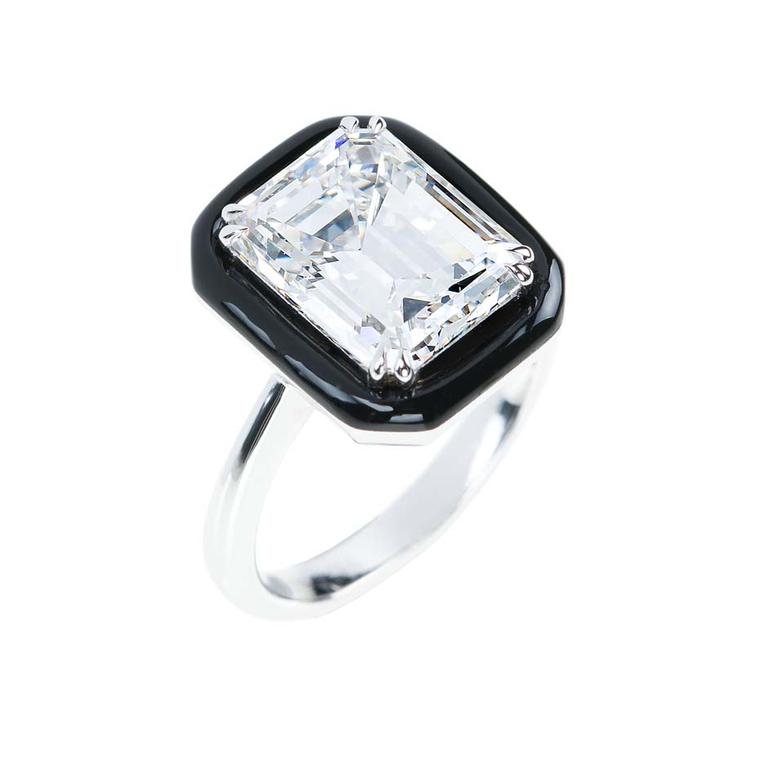 Emerald-cut diamond engagement ring in white gold and black enamel from Nikos Koulis fine jewellery "Oui" collection.