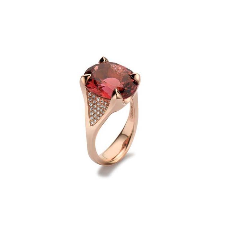 Alexander Davis “Dark Romance” unique engagement ring set with an 8.69ct dusky pink tourmaline and diamond micro pavé.