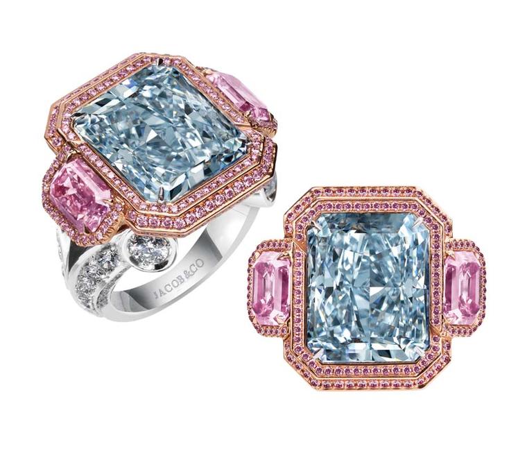 Jacob & Co Blue Nile ring, set with a 12.38ct natural fancy blue radiant-cut diamond, flanked by two fancy purple-pink emerald-cut diamonds, framed in round brilliant pink diamonds micro pavé set in rose gold, and mounted in platinum with additional white