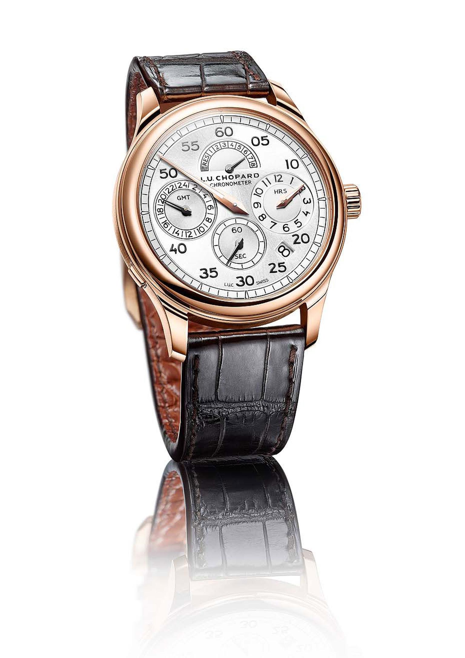 Chopard watches has revisited the regulator clock with its new L.U.C Regulator model in rose gold. The central minute track circles the perimeter of the dial, and the hours counter has been placed strategically at 3 o'clock.