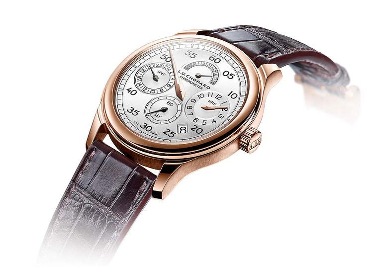 Chopard watches L.U.C Regulator is presented in a 43mm rose gold case. The dial is packed with useful information including a date window, a small seconds counter, a power reserve indicator at 12 o'clock, and a GMT function at 9 o'clock and, best of all, 