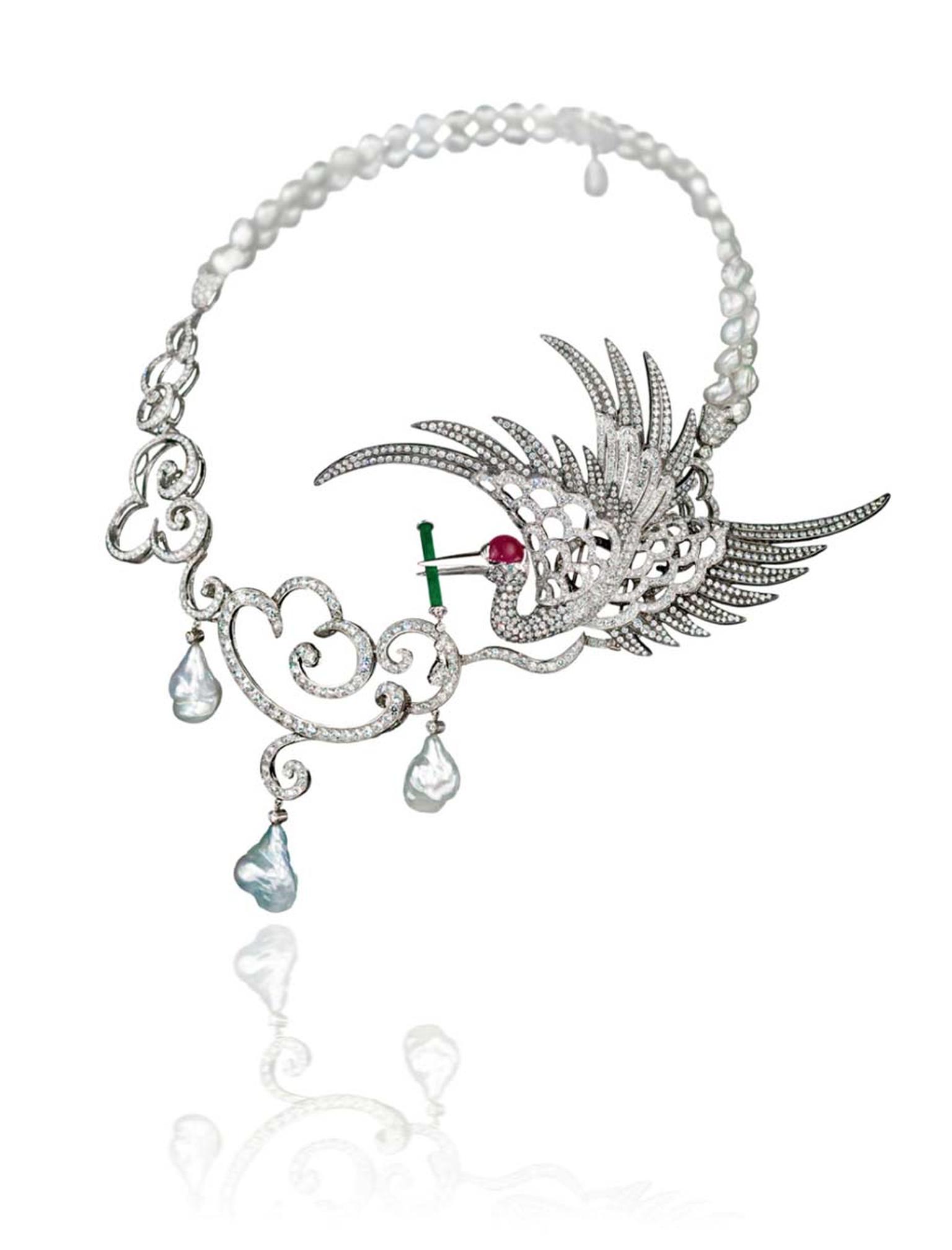 Gnossienne high jewellery necklace by Taiwanese-born cellist turned jewellery designer Anna Hu, features an imperial crane holding a jade flute on a circle of keshi pearls, symbolising holy water falling from the clouds.