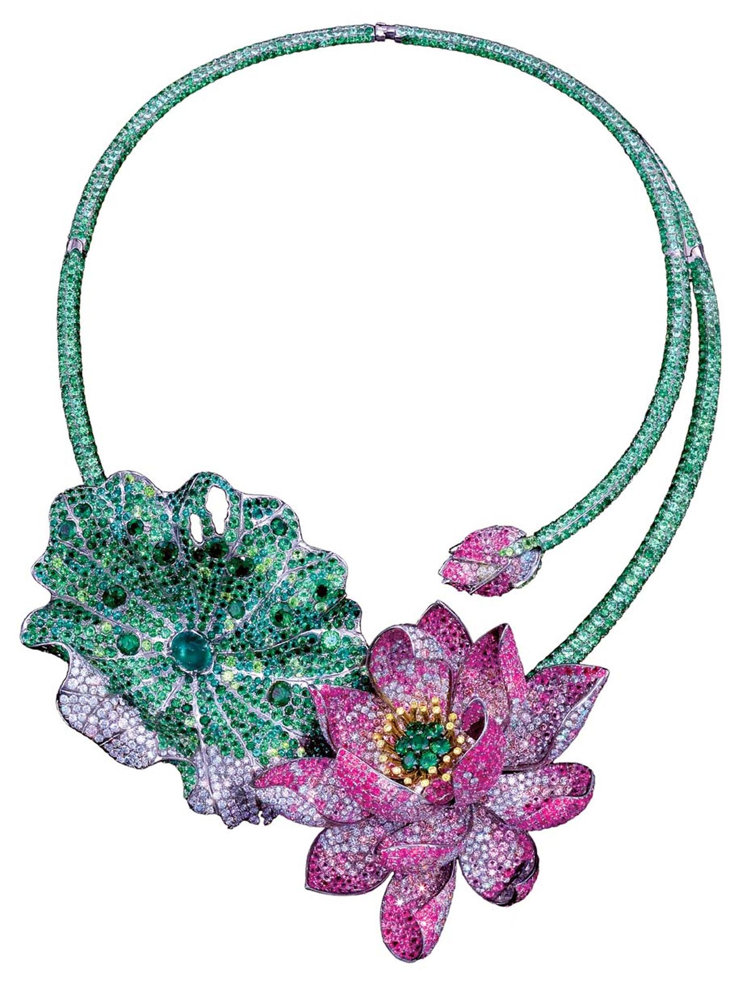 Anna Hu Art Nouveau-style Celestial Lotus necklace set with natural Fancy Intense vivid yellow, grey and white diamonds, natural Burmese rubies, Colombian emeralds, demantoid garnets, tsavorites, and multi-coloured pink sapphires in titanium.