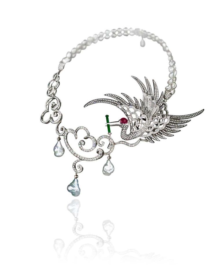 Gnossienne high jewellery necklace by Taiwanese-born cellist-turned-jewellery-designer Anna Hu, featuring an imperial crane holding a jade flute on a circle of keshi pearls, symbolising holy water falling from the clouds.