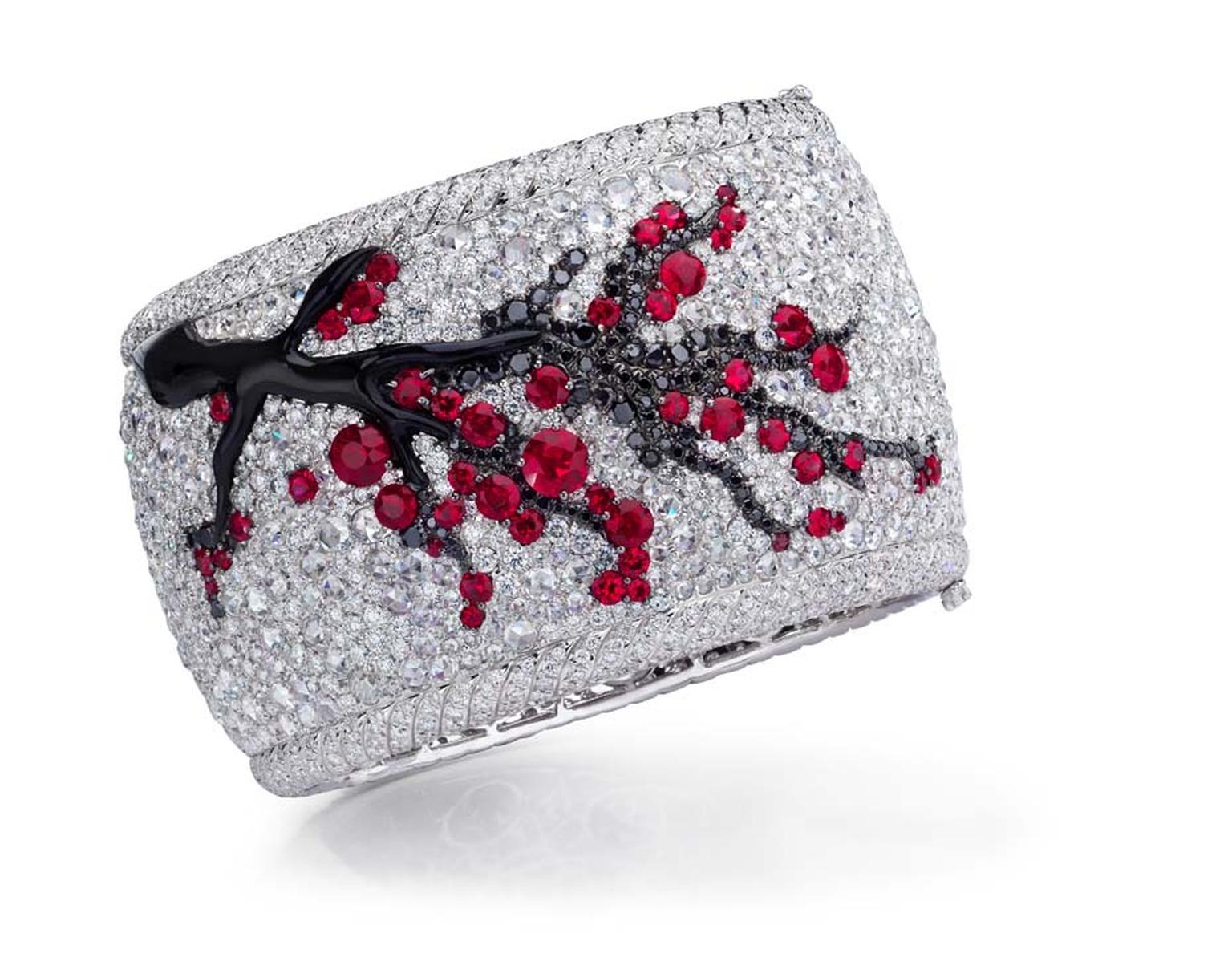 Anna Hu Winter Plum ruby bangle, pavé set with diamonds.