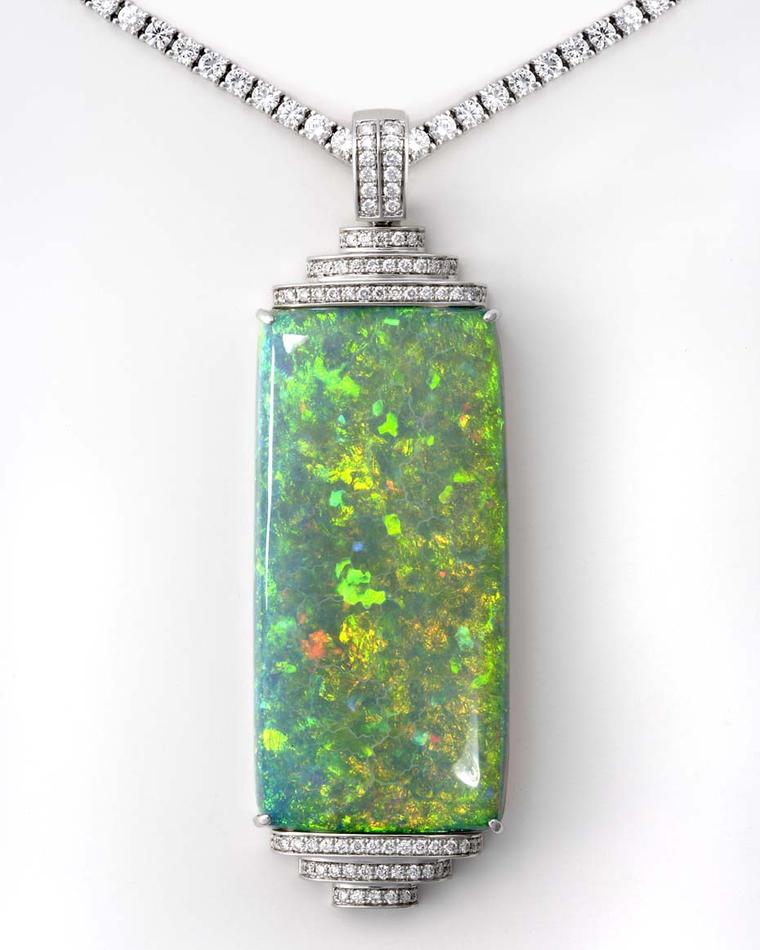 Coober Pedy opal pendant designed by Fiona Altmann of Altmann & Cherny, set with a 121ct opal in white gold with diamonds.