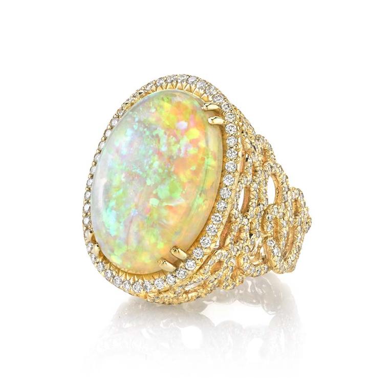 Erica Courtney Opal Cloud ring in gold, set with a 10.33ct Coober Pedy opal and diamonds.