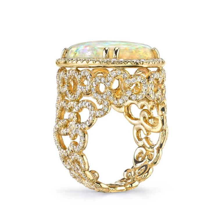 A side view of the intricate goldwork on Erica Courtney's ring, set with a Coober Pedy opal.