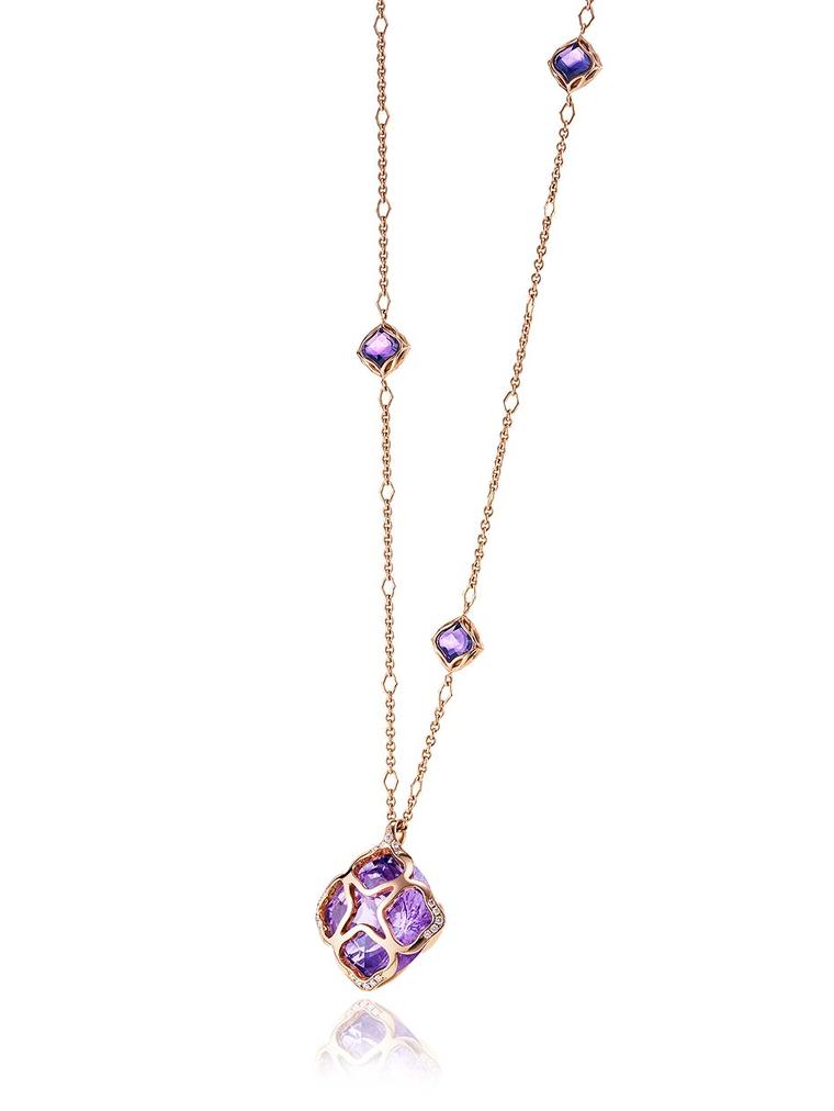 This Chopard jewellery pendant from the Imperiale high jewellery collection features a sparkling 48ct amethyst in a gold cage on the end of a long 18ct white or rose gold chain.