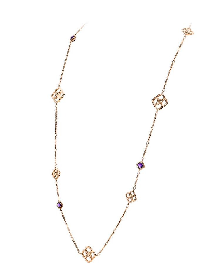 Chopard necklace from the Imperiale collection with diamond-set arabesques and faceted amethysts on a long rose gold chain.