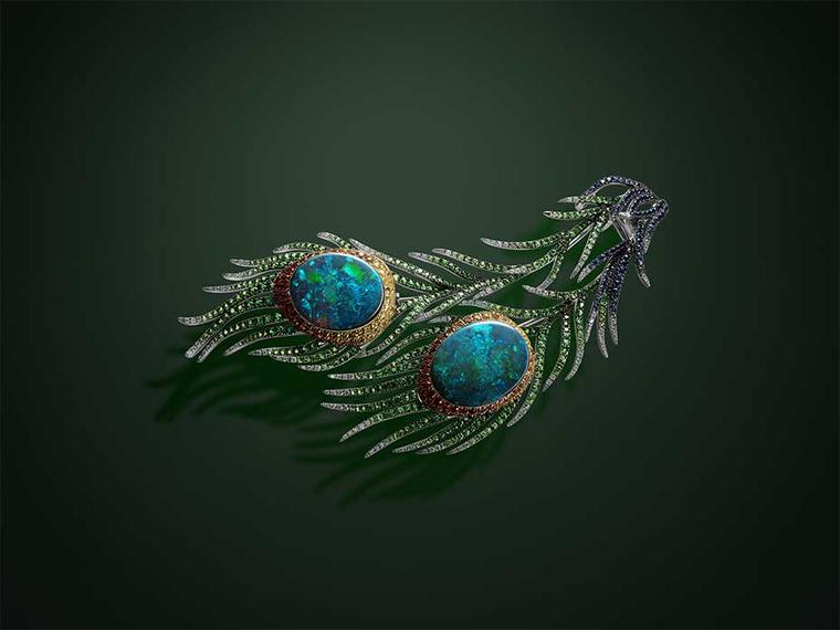 Alessio Boschi has extended his Plume collection, inspired by the gracefulness of the peacock feather, with this Plume earring featuring Australian black opals.