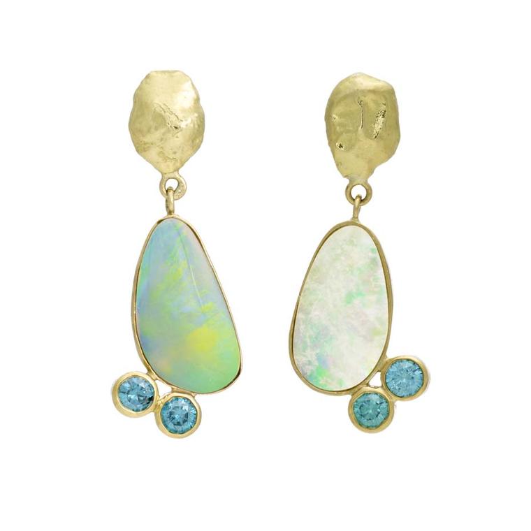 Asymmetric iKuria Australian opal earrings with blue diamonds and recycled yellow gold nuggets.