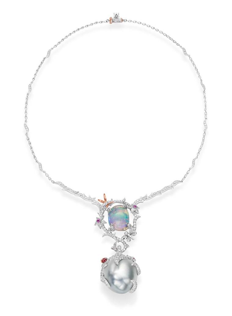 Mikimoto's Legend necklace features a 11.42ct tumbled water opal, a 24mm Baroque South Sea cultured pearl, pink sapphires, rubies and diamonds set in pink and white gold.