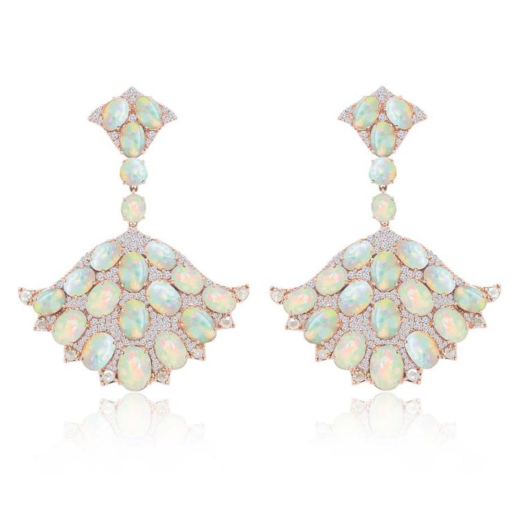 Sutra fan-style opal earrings with diamonds in rose gold.