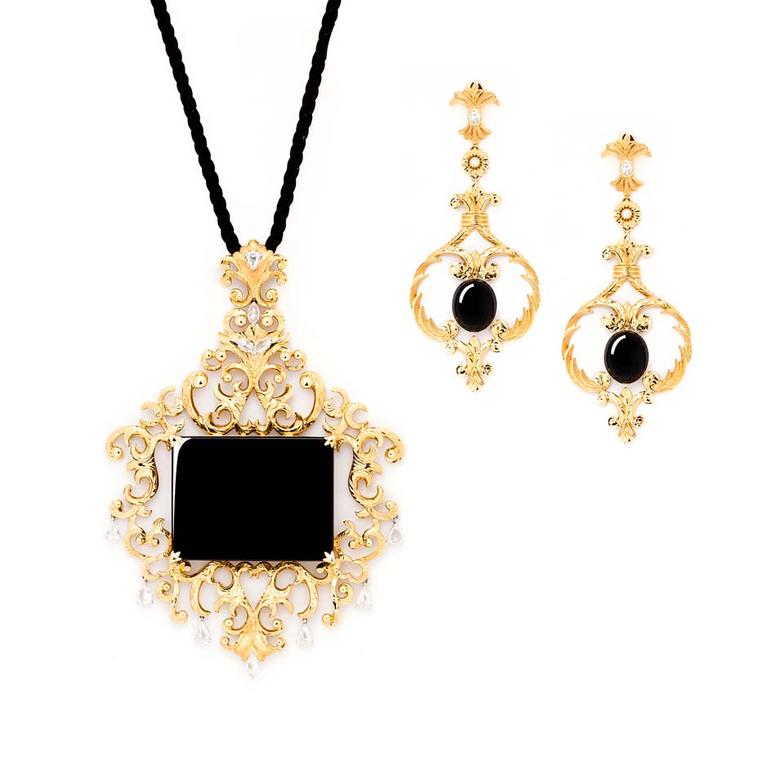 Zhaoyi made its Basel debut this year with some stunning black jadeite jewellery, including this Baroque-style black jadeite pendant and earrings, set in gold.