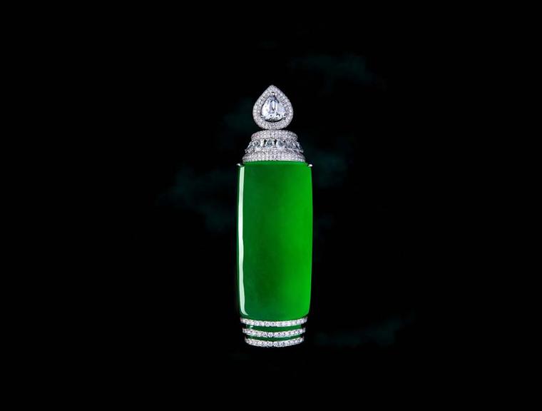 Zhaoyi green jadeite pendant with diamonds.