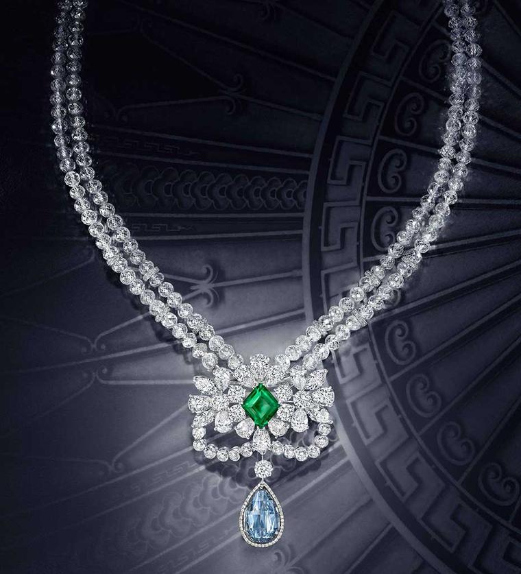 Graff's Le Collier Bleu de Reve necklace features a 10.47ct Fancy Vivid Blue Internally Flawless briolette diamond, above which sits a stunning 4.22 carat old-mine Colombian emerald. The necklace is composed of 192 faceted beaded diamonds.