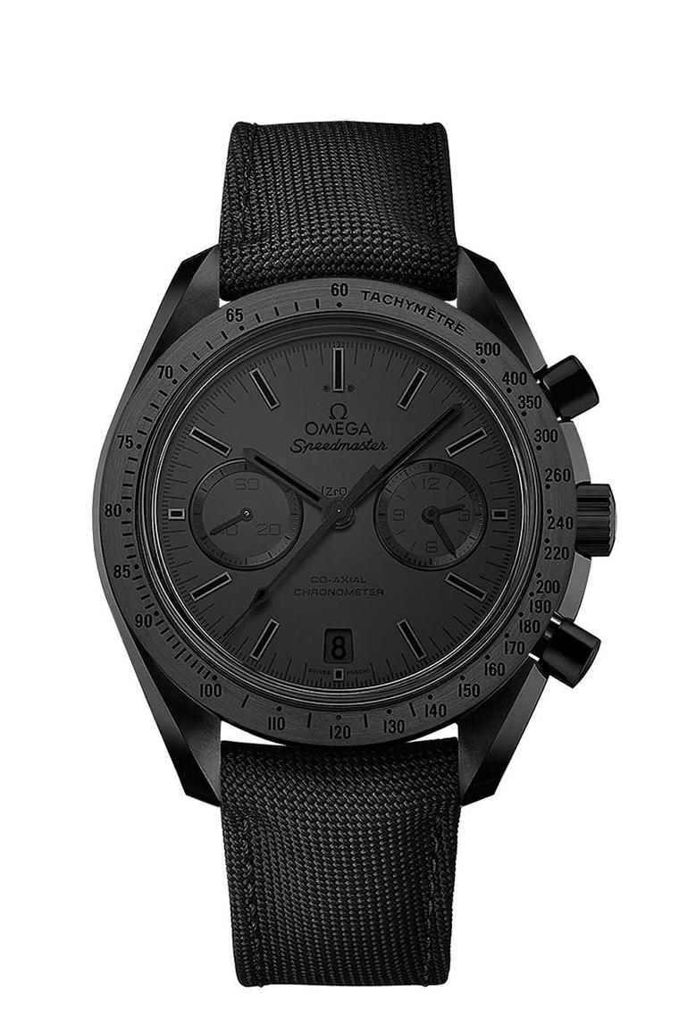Omega Speedmaster Dark Side of the Moon Black Black watch has a polished and brushed black ceramic case, a matte black ceramic dial and black nylon fabric strap. The hands and indices are all coated with black Super-LumiNova.