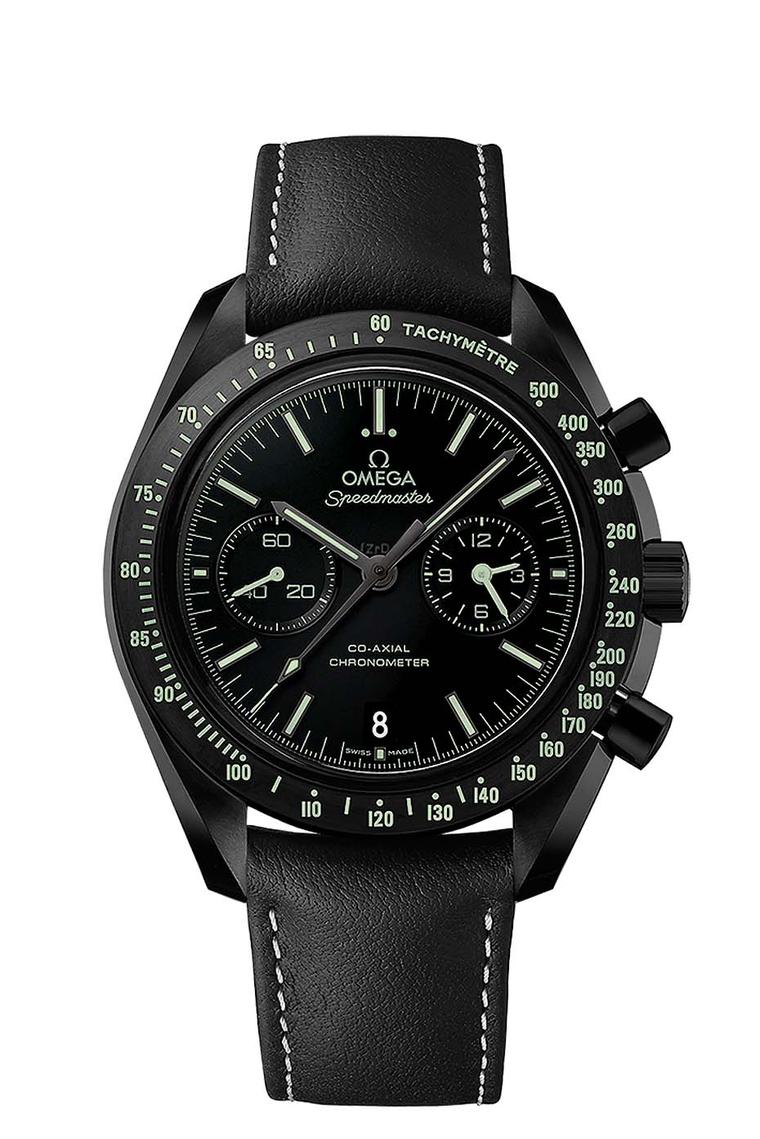 Omega Speedmaster Dark Side of the Moon Pitch Black watch is distinguished by the green Super-LumiNova that coats all of the indications on the matte black ceramic dial.