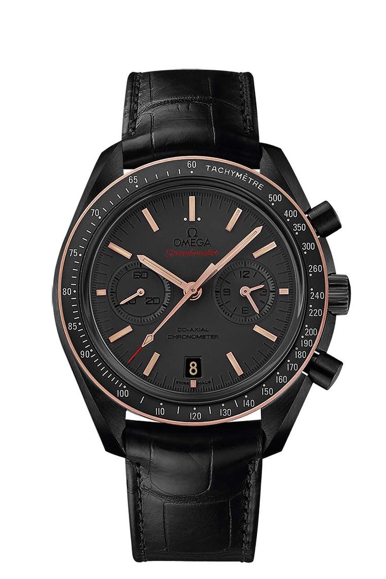 Omega Speedmaster Dark Side of the Moon Sedna Black with a 44.25 mm black brushed ceramic case, enhanced with Omega's proprietary Sedna gold on the bezel ring and applied indices and hands. A vintage coloured Super-LumiNova picks out the indices, the hour