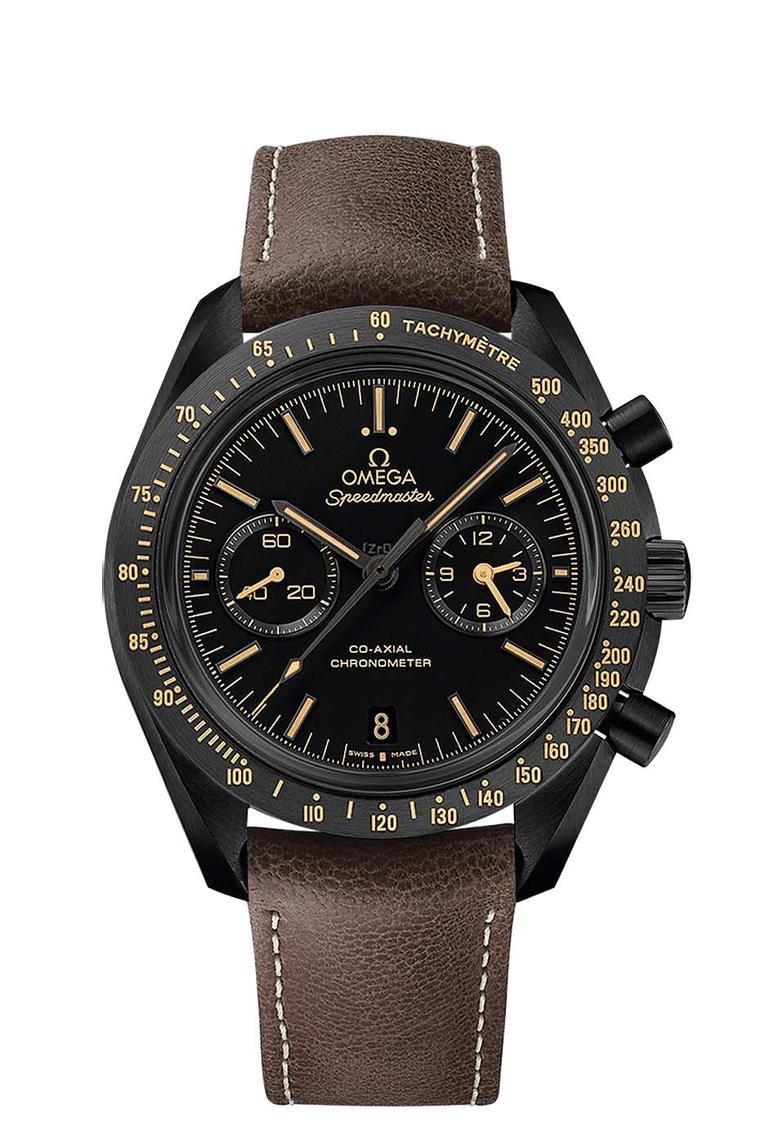 Omega Speedmaster Dark Side of the Moon Vintage Black model with brown indices, hands and indications highlighted with vintage coloured Super-LumiNova. Like the other models, the matte ceramic dial with the iconic tachymetre scale has been created with la