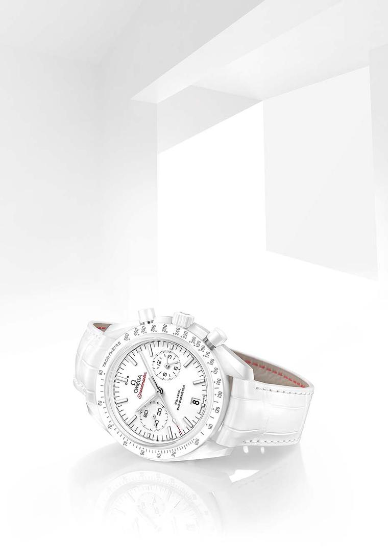 The new bright white Omega Speedmaster White Side of the Moon watch with a 44.25mm white ceramic case, presented at Baselworld 2015.