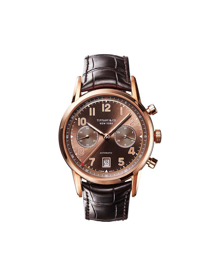 Tiffany & Co. CT60 Chronograph watch in a 42mm rose gold case with a brown sunray dial and a precision Swiss mechanical movement.