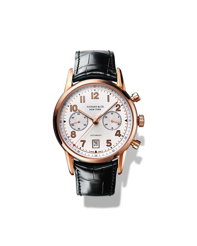 Tiffany & Co. CT60 Chronograph watch in a 42mm rose gold case with a white dial and a precision Swiss mechanical movement.