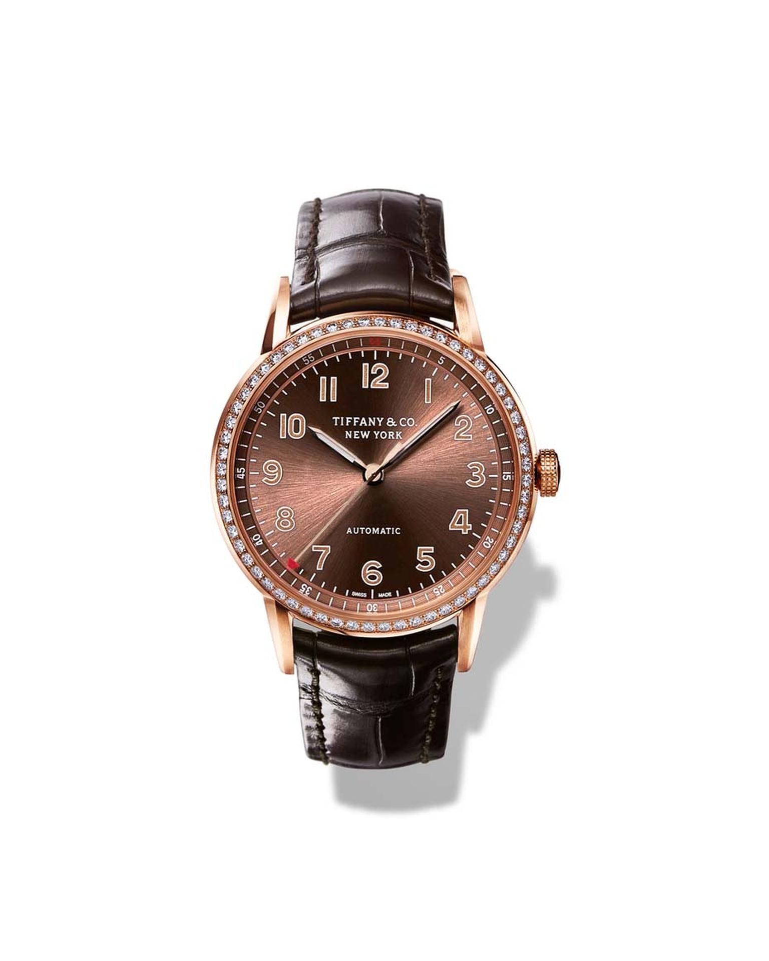 The new CT60 collection of Tiffany watches was inspired by a timepiece made for President Roosevelt in 1945. Pictured is the 34mm CT60 3-Hand ladies' watch in rose gold, with a brown sunray dial and round-cut brilliant diamonds on the bezel.