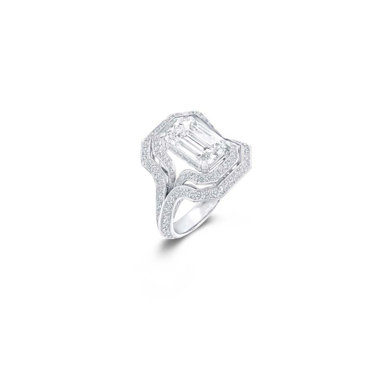 Graff Legacy emerald-cut diamond engagement ring.