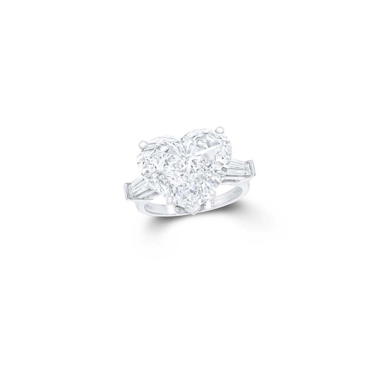 Graff heart-shape diamond engagement ring with tapered baguette diamond shoulders.