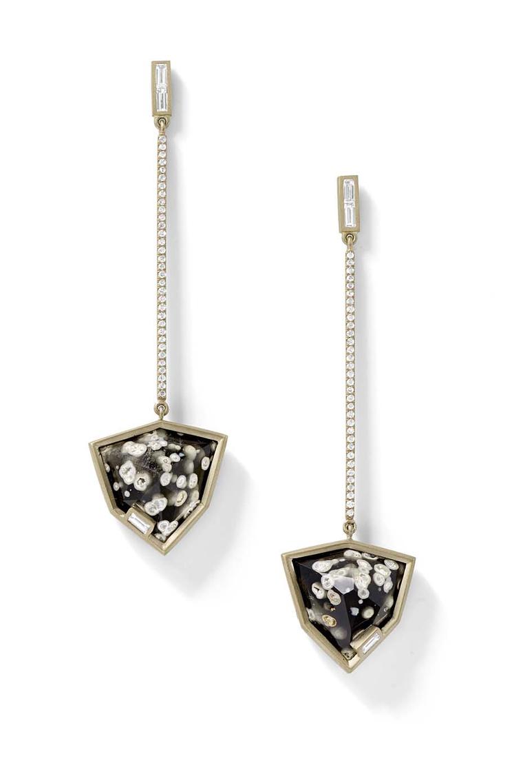 Obsidian shield earrings with white diamond baguettes and white diamond pavé, set in recycled white gold from Monique Péan.