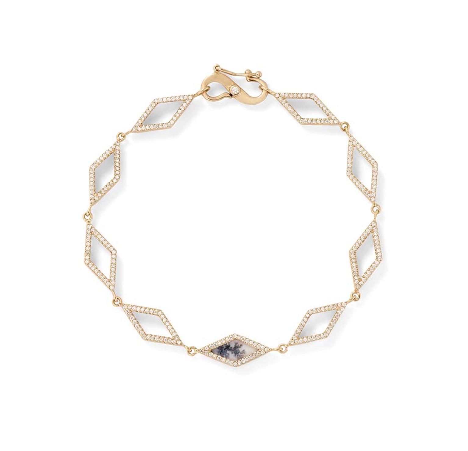 Monique Péan dendritic agate geometric open link bracelet with white diamond pavé, set in recycled rose gold.