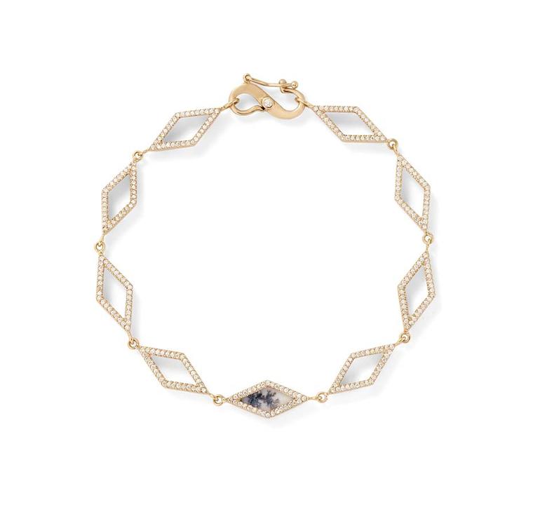 Monique Péan dendritic agate geometric open link bracelet with white diamond pavé, set in recycled rose gold.
