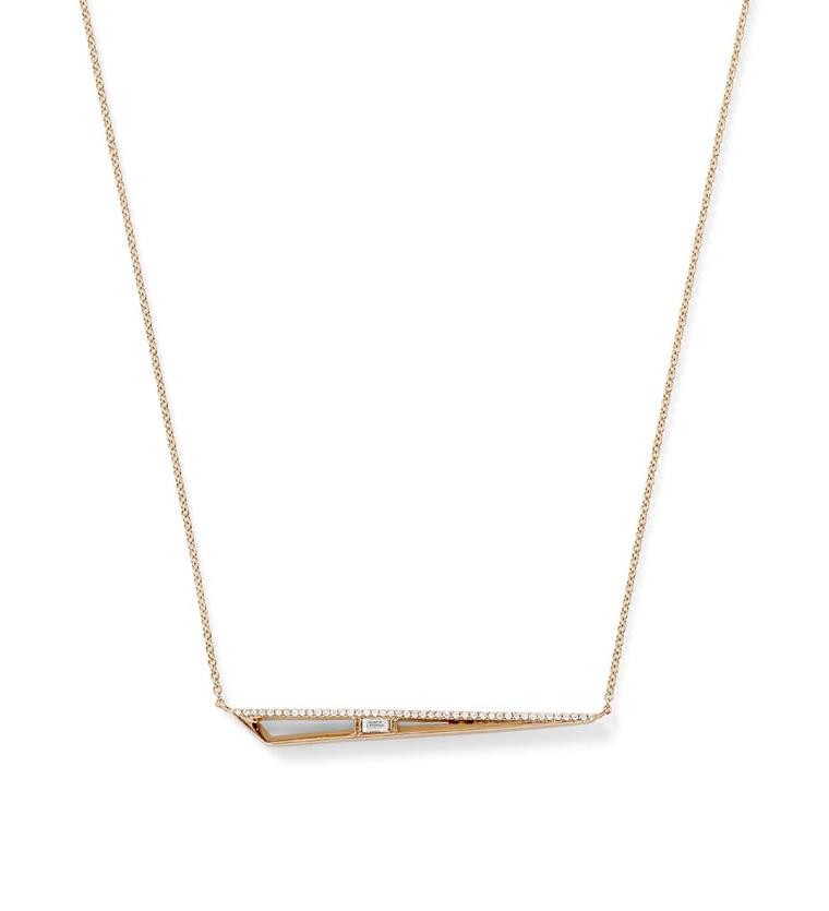 Simple but elegant 17" spear Monique Péan necklace with a white diamond baguette and white diamond pavé, set in recycled rose gold from the new Koyo collection.