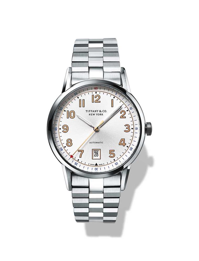 Tiffany and Co. CT60 3-Hand watch with a 40mm stainless steel case, white sunray dial and date window at 6 o'clock.