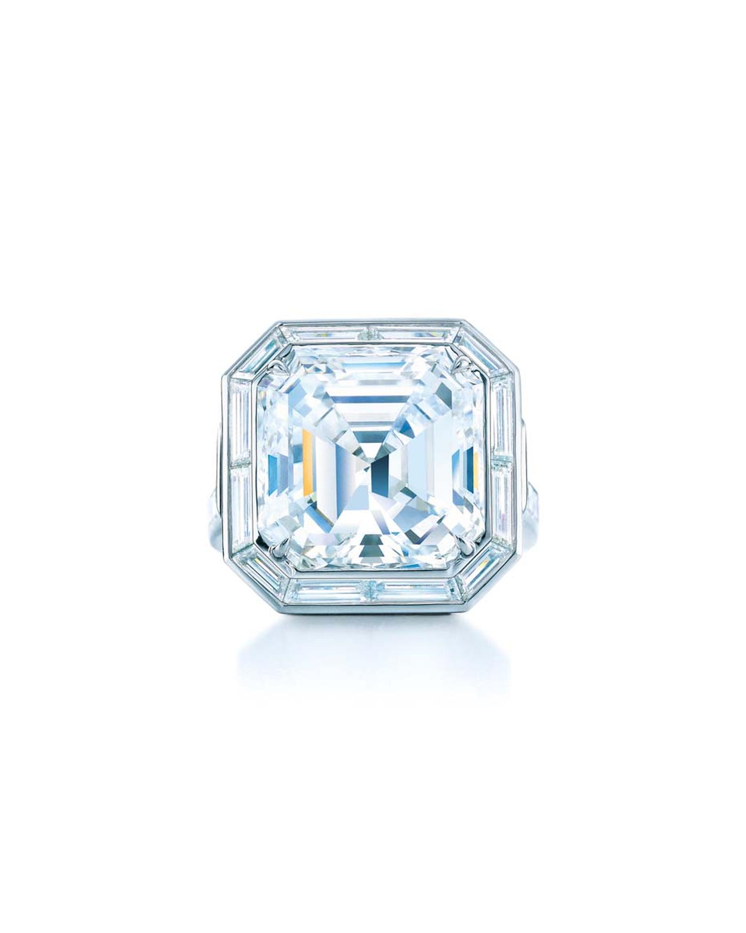 Tiffany & Co. emerald cut diamond engagement ring from their Blue Book collection.