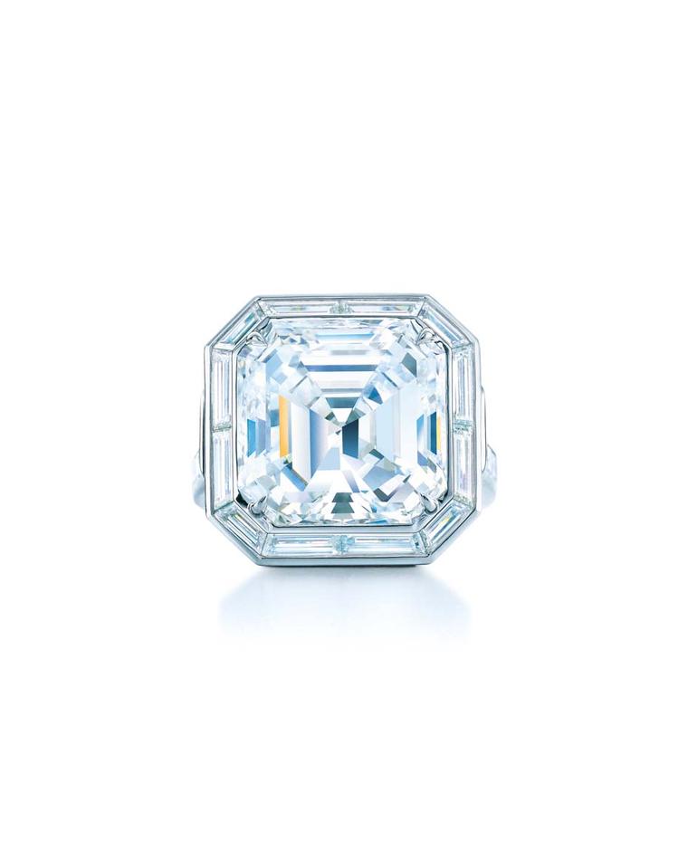 Tiffany & Co. emerald cut diamond engagement ring from their Blue Book collection.