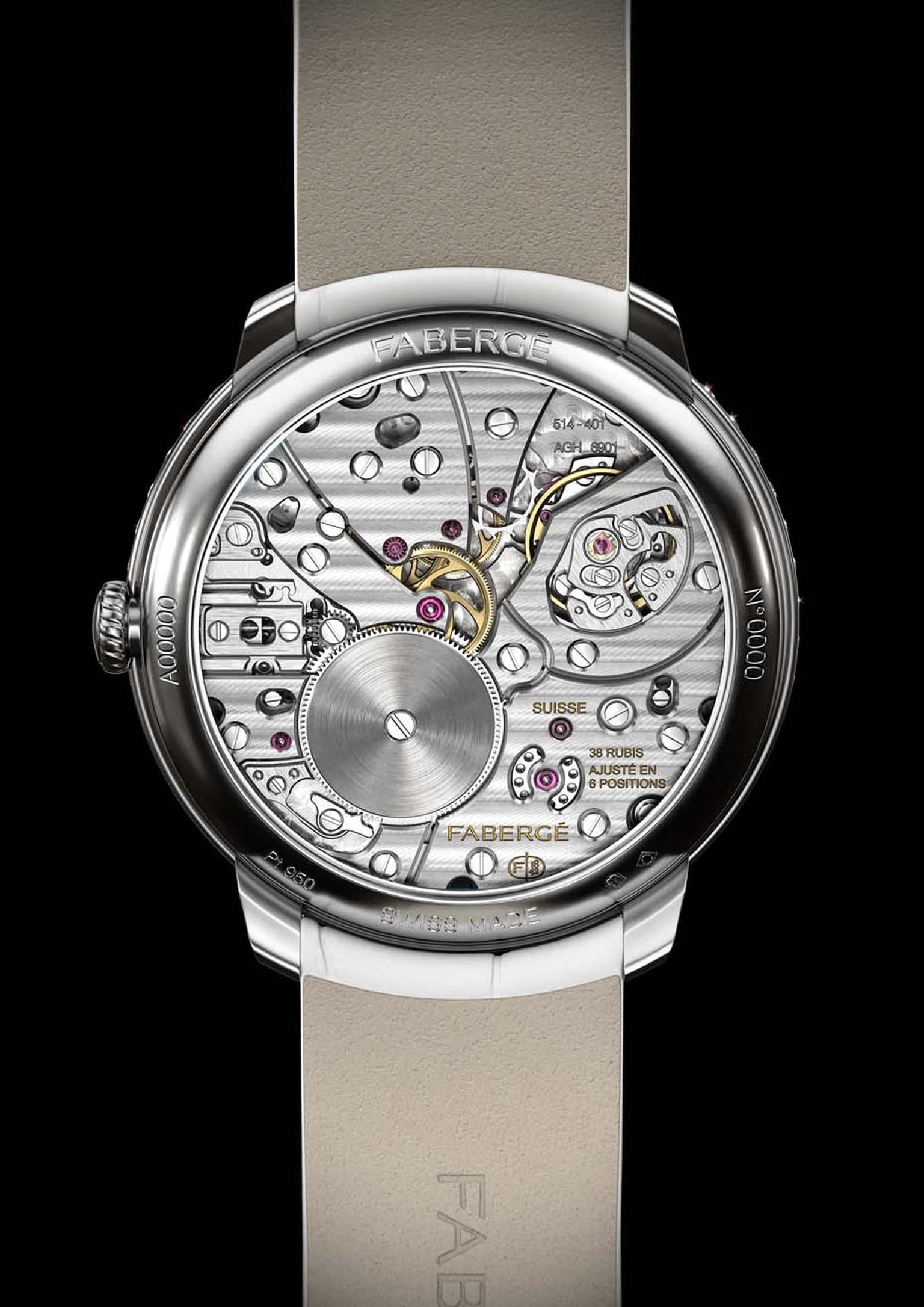 Both timepieces in Fabergé's new Lady Compliquée collection feature specially designed movements by Jean-Marc Wiederrecht of Agenhor. The 38mm platinum case houses the extremely complex hand-wound movement, which gives life to the retrograde minutes, the 
