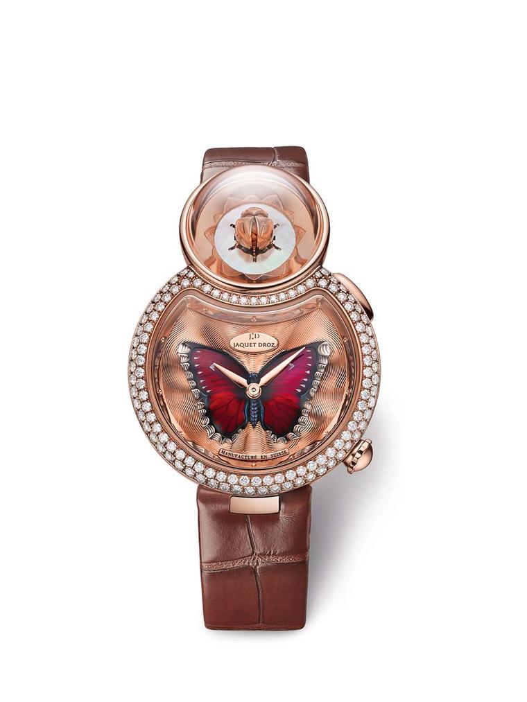Jaquet Droz has adopted the iconic figure eight framework of its Lady 8 watch and nestled a gorgeous lotus flower in the upper circle. In the lower, larger circle, a red-winged butterfly crafted from translucent enamel on a gold guilloché background sprea