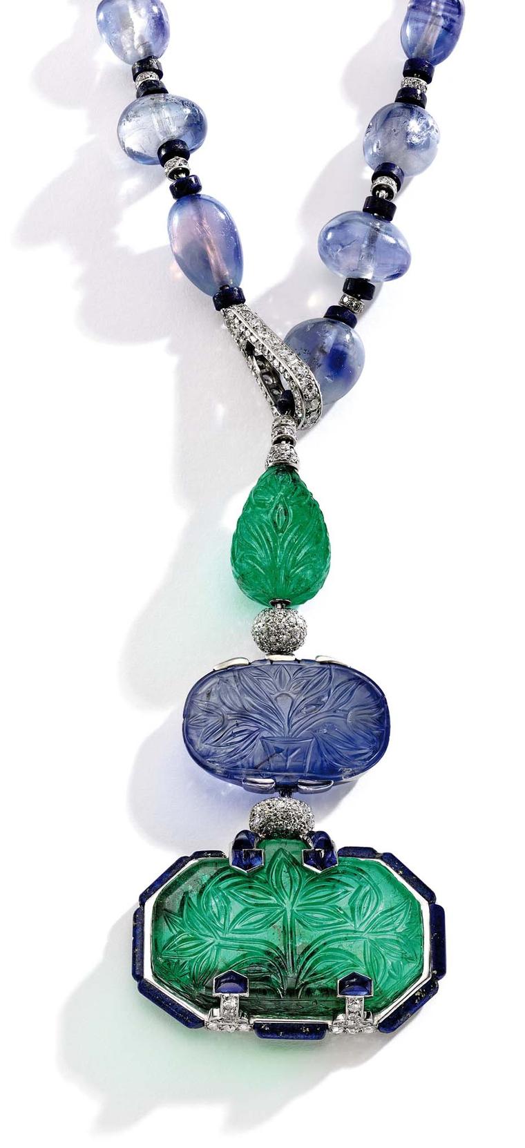 This platinum, emerald, sapphire, lapis lazuli and diamond Cartier necklace, designed by Charles Jacqueau circa 1924, used to belong to the wife of Baron Eugene de Rothschild. It sold to an online bidder for $2.6 million.