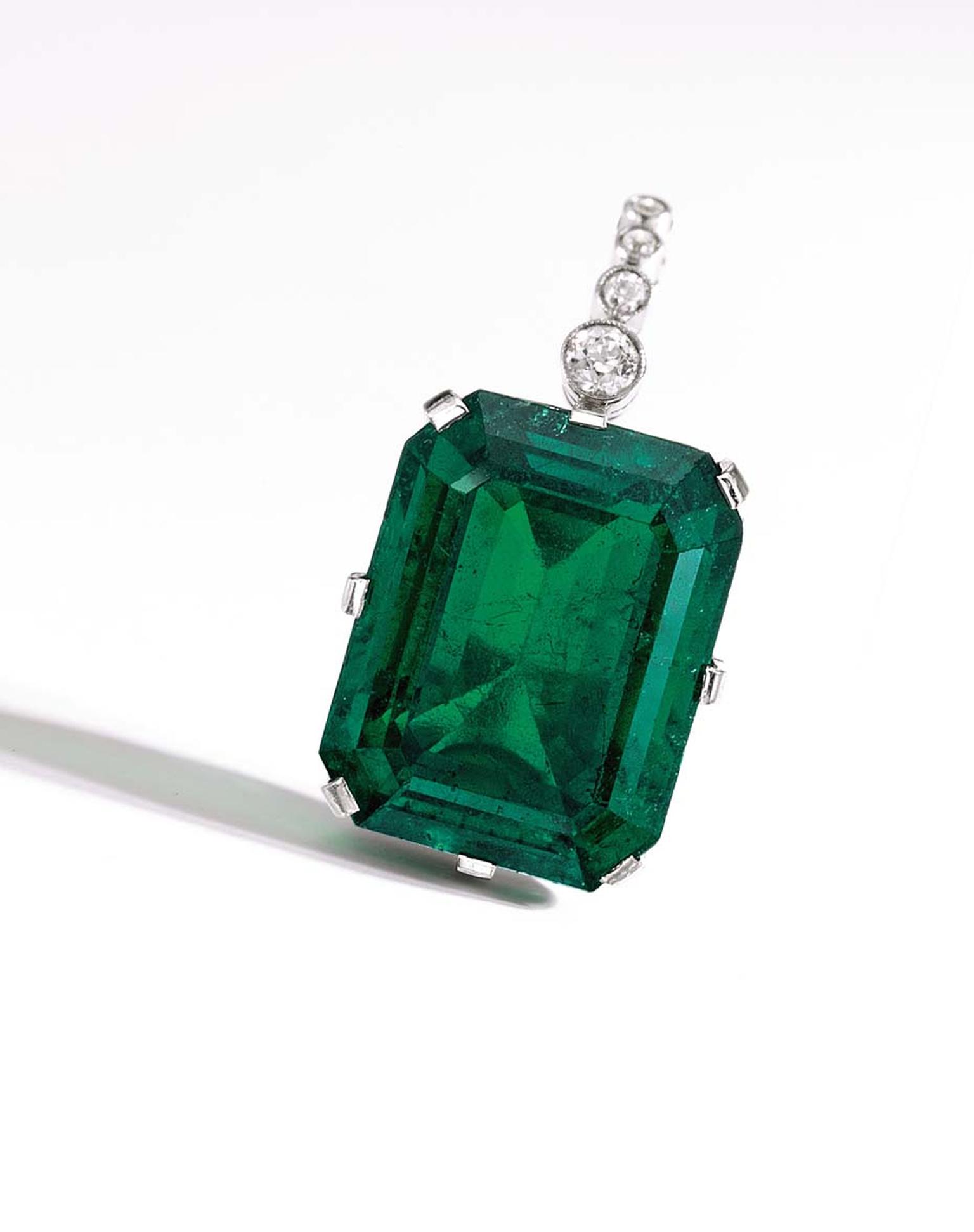 An important platinum, diamond and Colombian emerald pendant. The 35.02ct emerald belonged to the wife of Henry Flagler, American industrialist and pioneering developer of Florida's eastern coastline, and sold for $2.8 million.