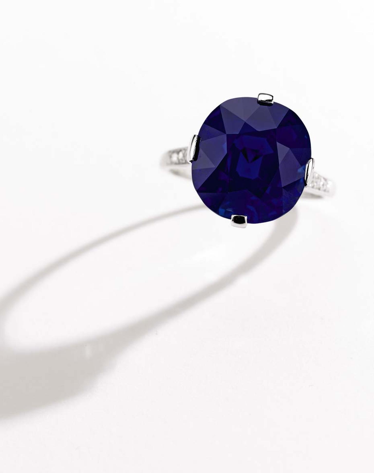 Lot - MARCUS & CO. Platinum, Kashmir Sapphire, and Diamond Ring