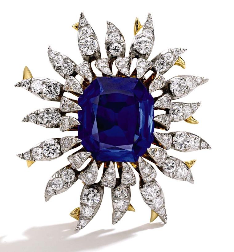 Tiffany & Co. diamond and Kashmir sapphire brooch in gold and platinum, designed by Jean Schlumberger and dating back to the 1960s. Part of the late Bunny Mellon's private collection and set with a 17ct sapphire, it sold to an online bidder for $1 million