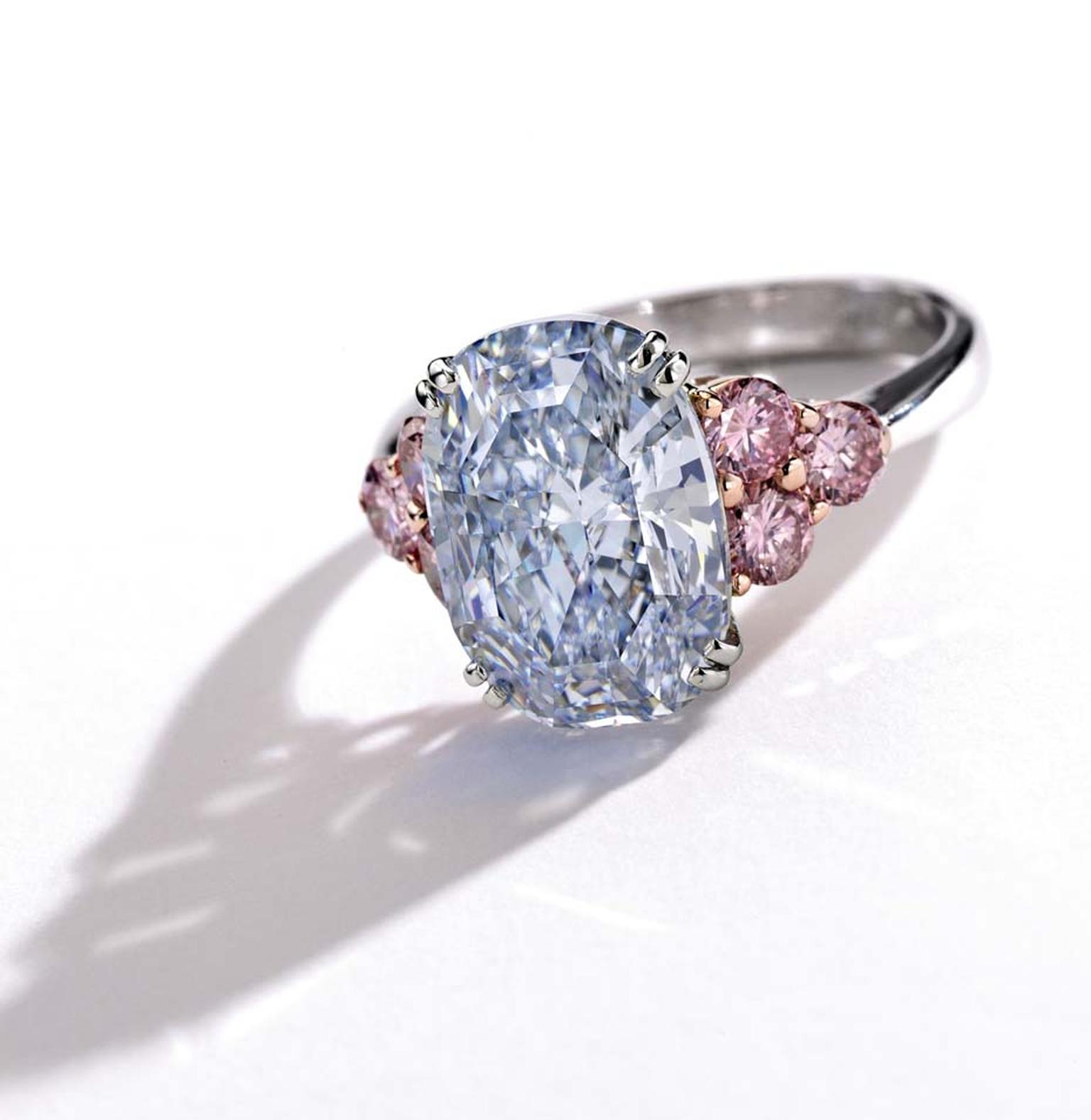 The Monarch Blue diamond ring, set in platinum and rose gold with an oval-shaped Fancy blue mixed-cut 6.06ct diamond, complemented by six pink-hued round diamonds, has an estimate of $3.5-4.5 million.