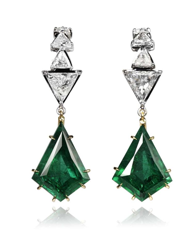 Ara Vartanian emerald drop earrings with triangle-cut diamonds in white and rose gold.