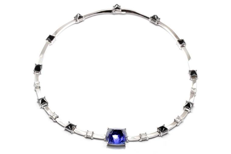 Ara Vartanian inverted tanzanite necklace in white gold with black and white diamonds.