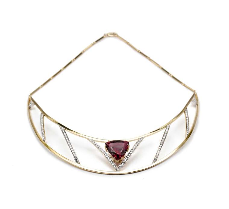 Ara Vartanian fine jewellery rubellite necklace in yellow gold with white diamonds.