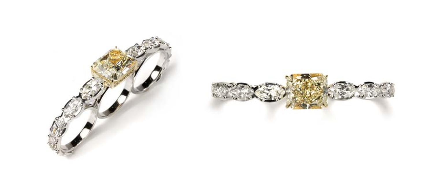 Ara Vartanian three-finger fine jewellery ring in yellow and white gold, set with a radiant-cut yellow diamond flanked by white diamonds.